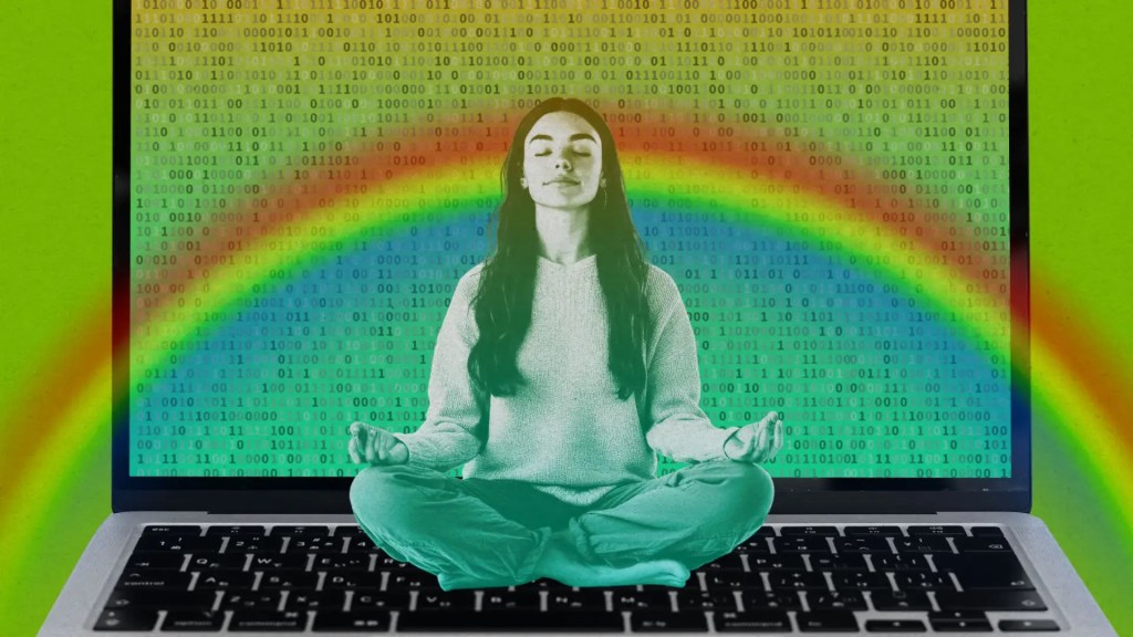 female meditating in front of code